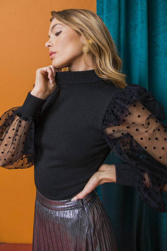 Sending Love Letters Mock Neck Knit Sweater Top with Polka Dot Tulle Sleeves in 20blk, view 2019 — Soul Flow Apparel