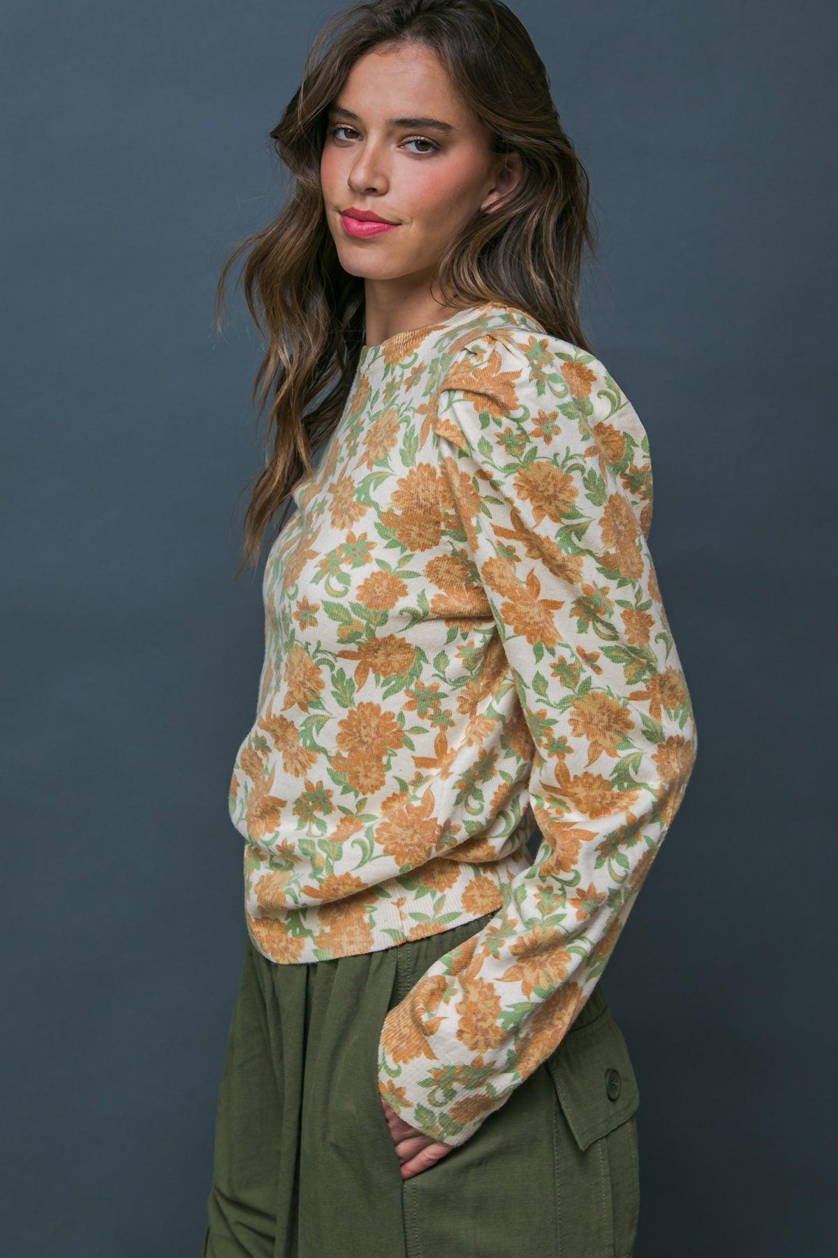 Officially Impressive Sweater Top with Printed Design and Long Puff Sleeves in 20cre34 — Soul Flow Apparel