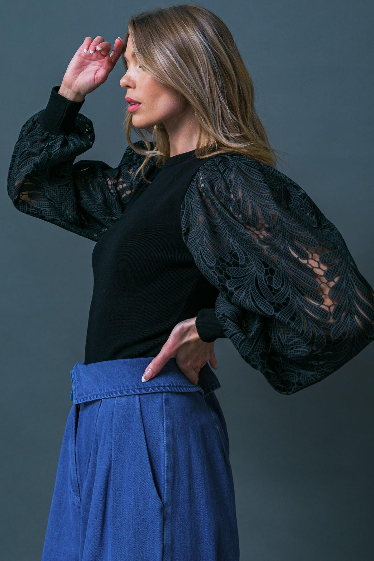 Leisure Life Knit Sweater Top with Round Neckline and Contrasting Puff Sleeves in 20bla35 — Soul Flow Apparel