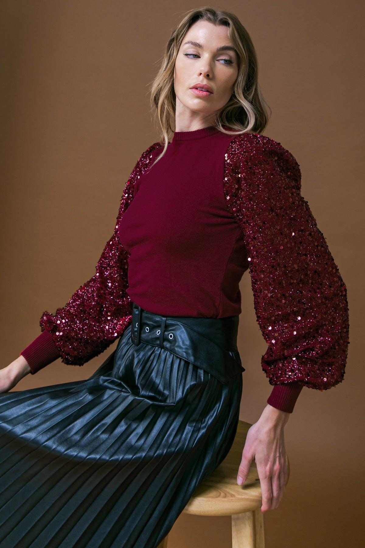 Feeling the Fun Sequin Puff Sleeve Knit Sweater Top in 20bur51 — Soul Flow Apparel