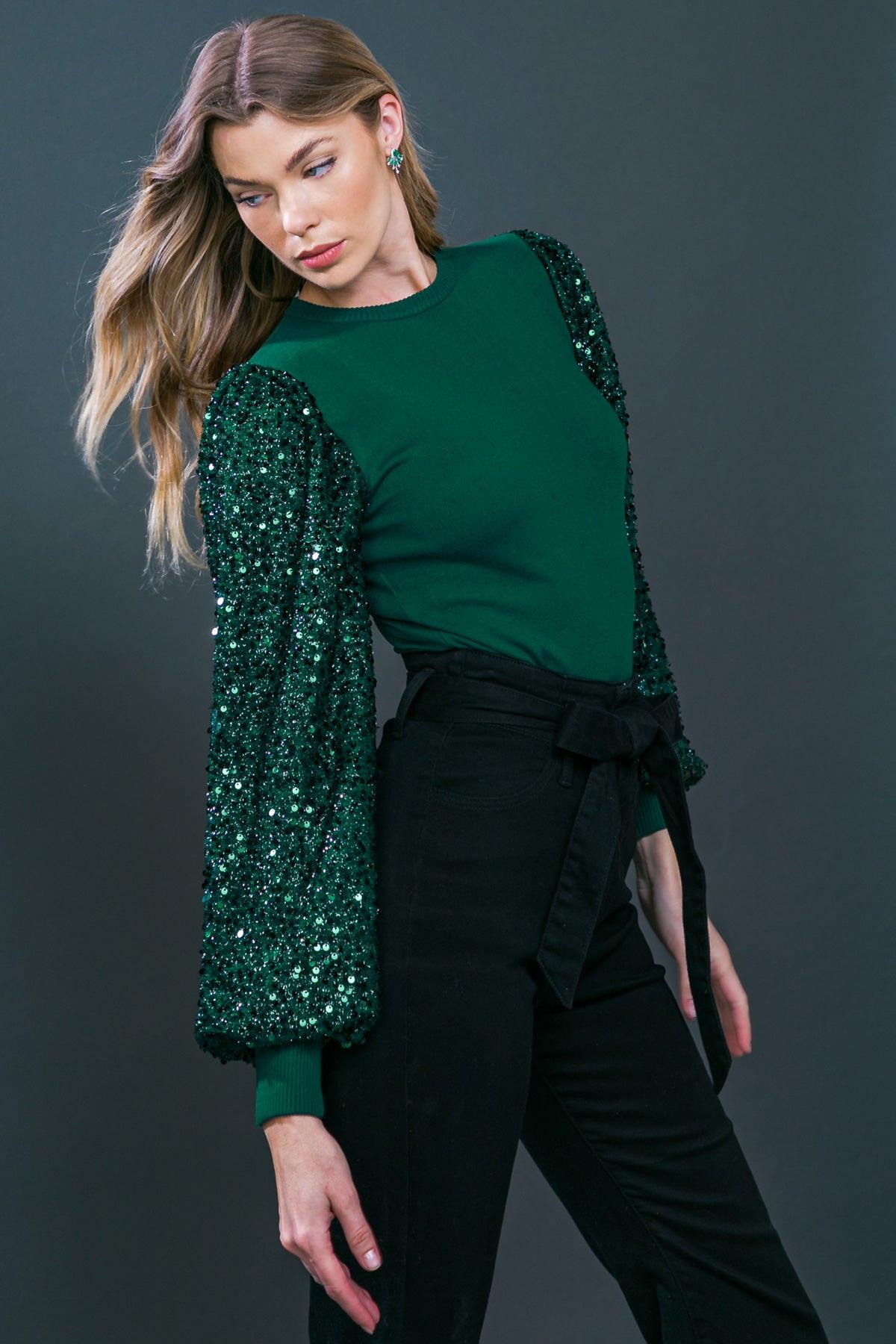 Feeling the Fun Sequin Puff Sleeve Knit Sweater Top in 20gre41 — Soul Flow Apparel