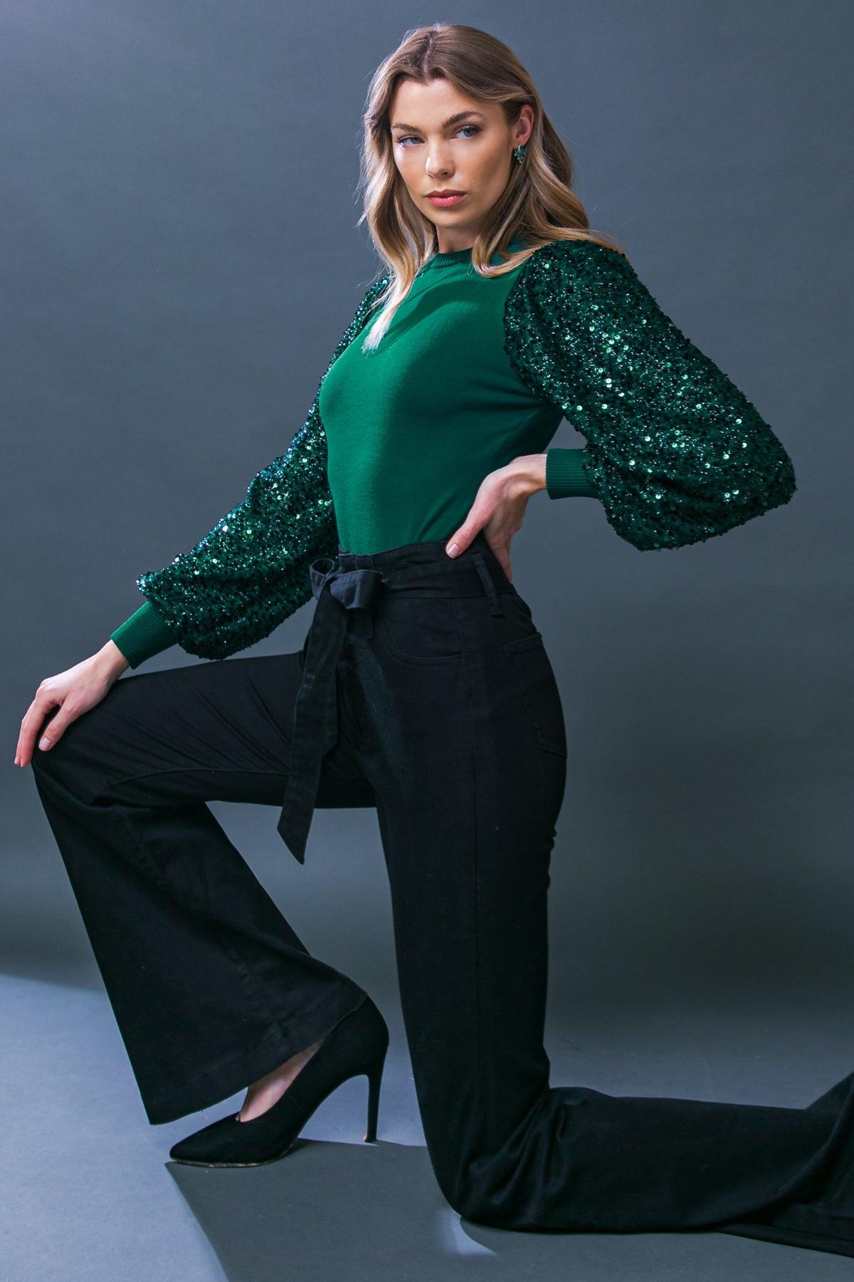 Feeling the Fun Sequin Puff Sleeve Knit Sweater Top in 20gre44 — Soul Flow Apparel