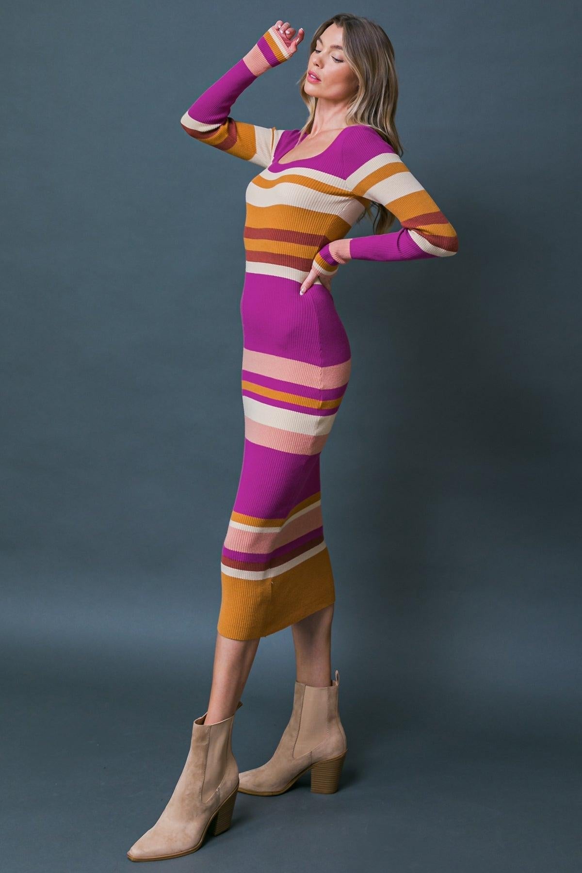 Evening of Elegance Ribbed Sweater Midi Dress with U Neck in 20mag36 — Soul Flow Apparel