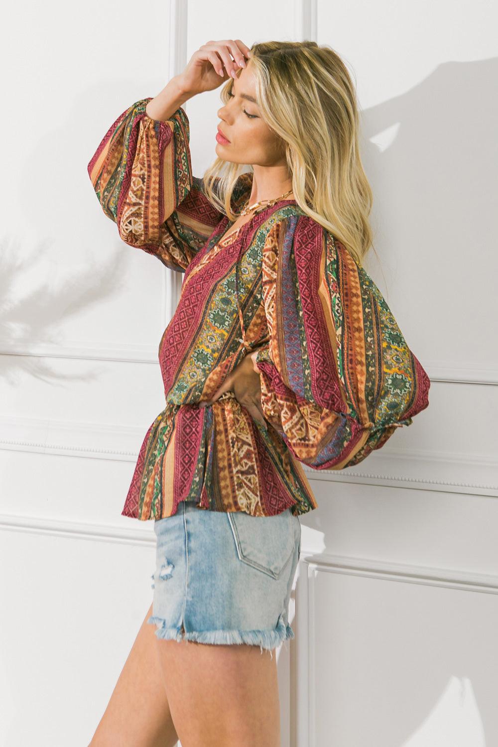 Thrilled for This Woven Top with Printed Peplum and Tassel Tie Polyester Fabric in 20rust 20mag, view 2013 — Soul Flow Apparel