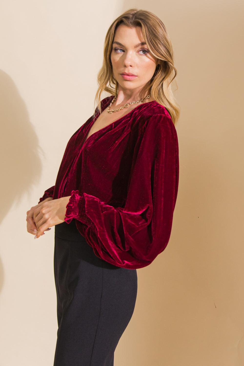 Like No Other Velvet Bodysuit with Surplice Neckline Mesh Bottom Snap Closure in 20bur, view 2017 — Soul Flow Apparel