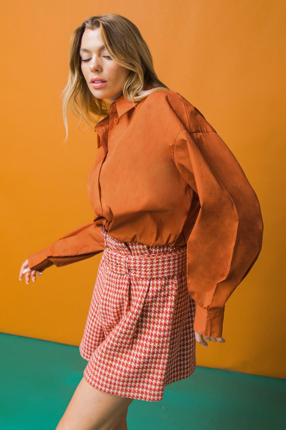 State of Success Poplin Top with Classic Collar Front Button Placket in 20rust, view 2012 — Soul Flow Apparel