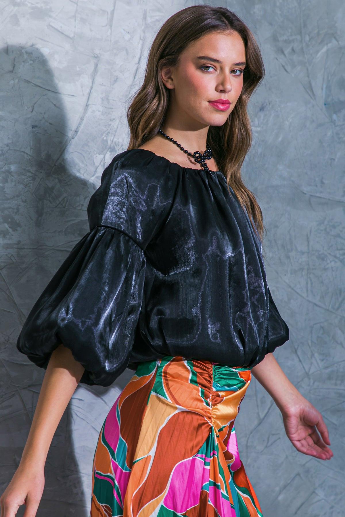 Simply Favored Woven Top Off on Neckline with Lantern Sleeves Elastic Waist in 20bla42 — Soul Flow Apparel