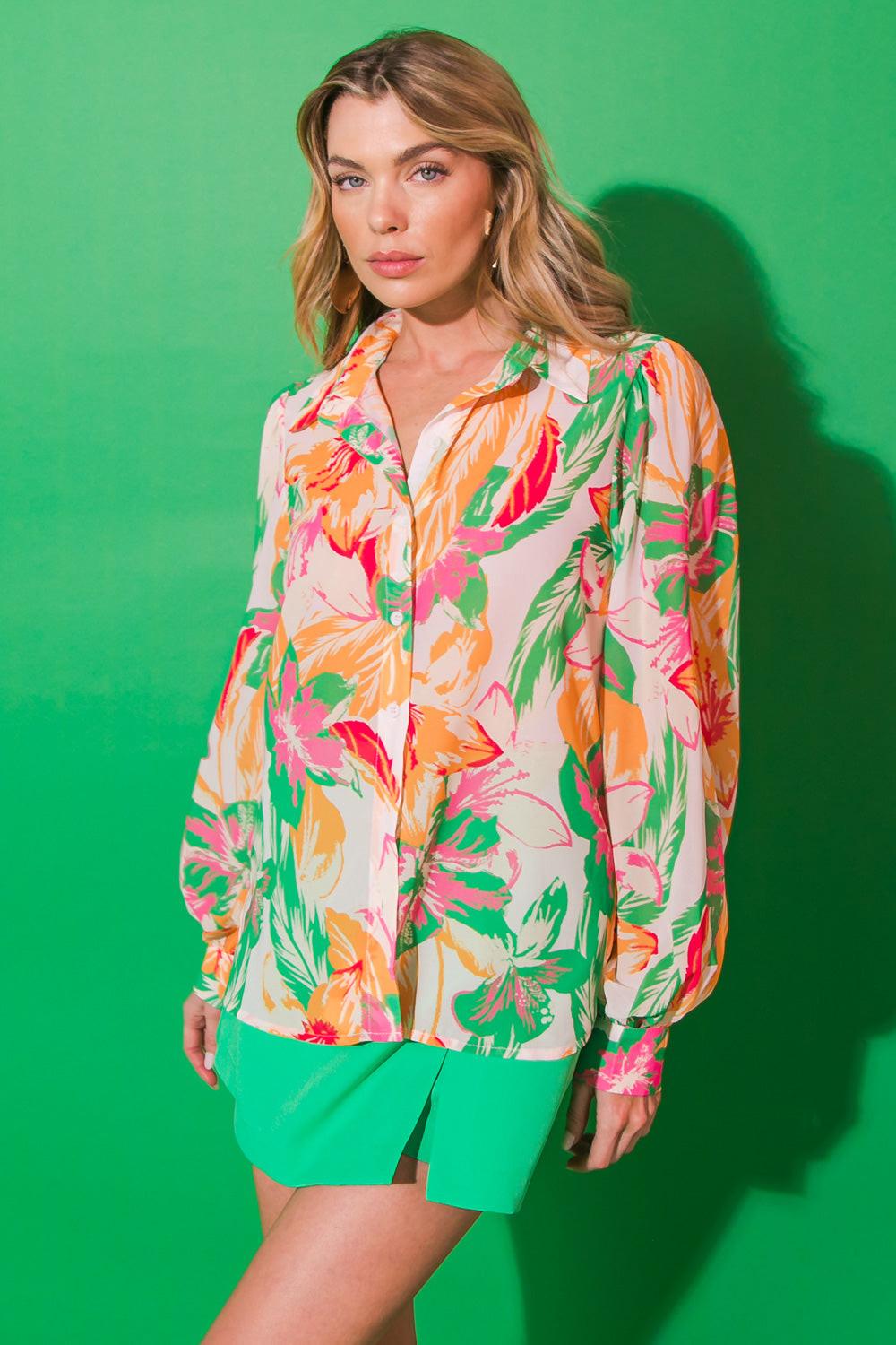 Born to Sparkle Woven Top Shirt Collar Button Down Peasant Sleeves in 20gre 20org, view 2026 — Soul Flow Apparel