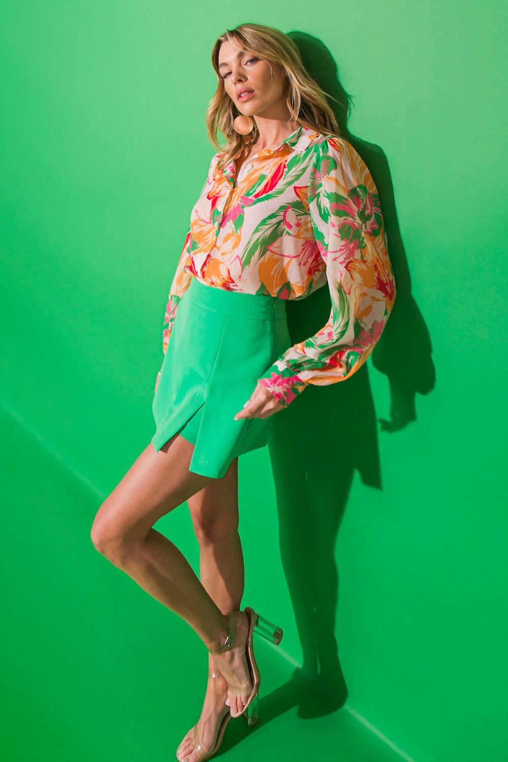 Born to Sparkle Woven Top Shirt Collar Button Down Peasant Sleeves in 20gre 20org, view 206 — Soul Flow Apparel