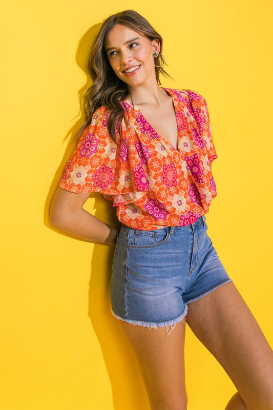 Printed Woven Bodysuit with Surplice Neckline and Snap Closure in 20ora, view 2014 — Soul Flow Apparel