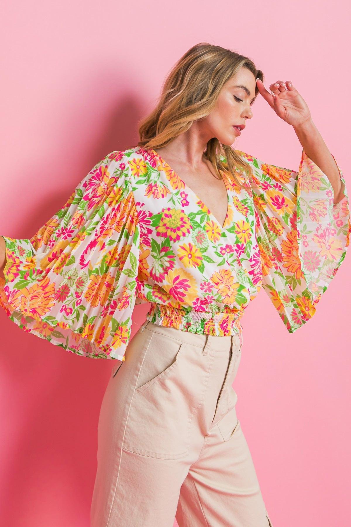 Fairy Vita Woven Top Surplice Neckline Pleated Bell Sleeves Smocked Waist Print in 20ivo16 — Soul Flow Apparel