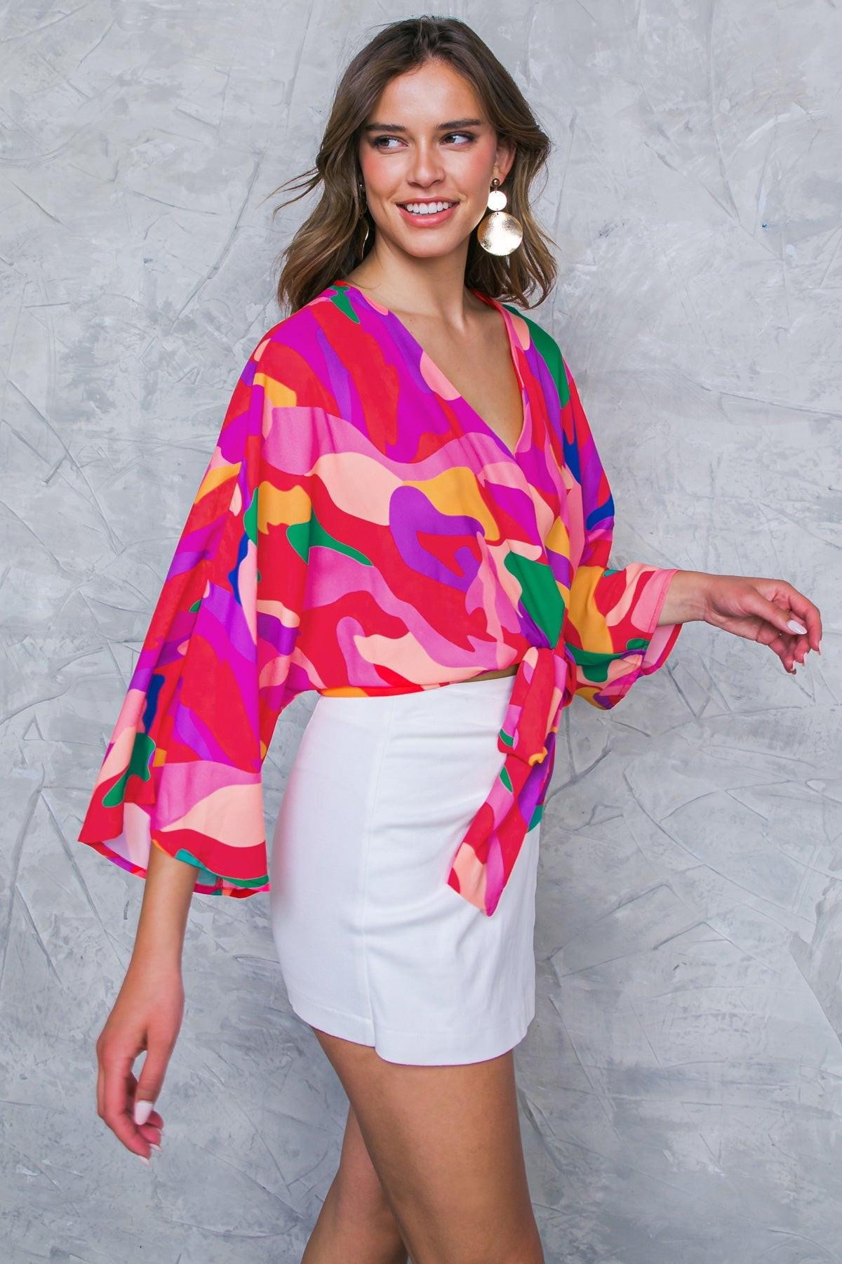 Love You Like Printed Woven Top with V Neck Dolman Sleeves Front Tie Lightweight in 20red 20gre14 — Soul Flow Apparel