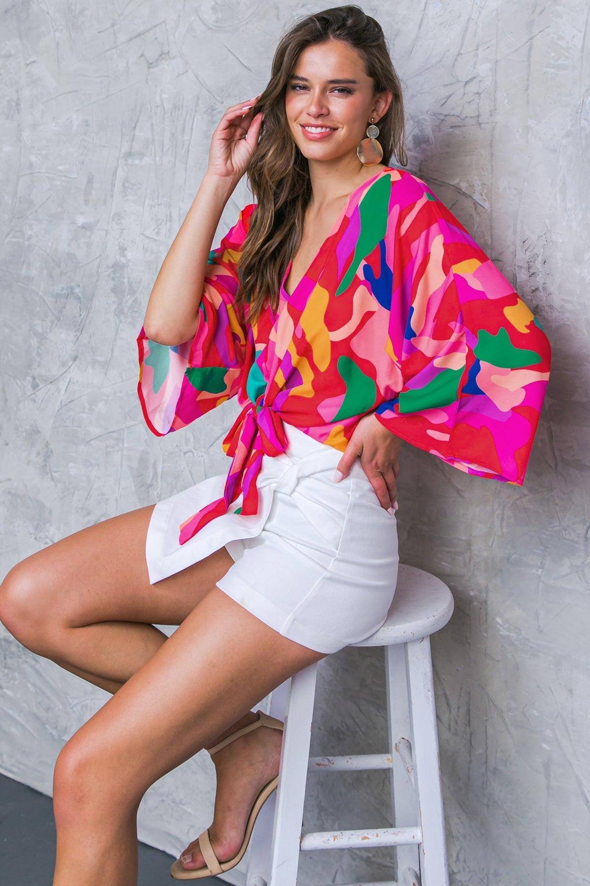 Love You Like Printed Woven Top with V Neck Dolman Sleeves Front Tie Lightweight in 20red 20gre19 — Soul Flow Apparel