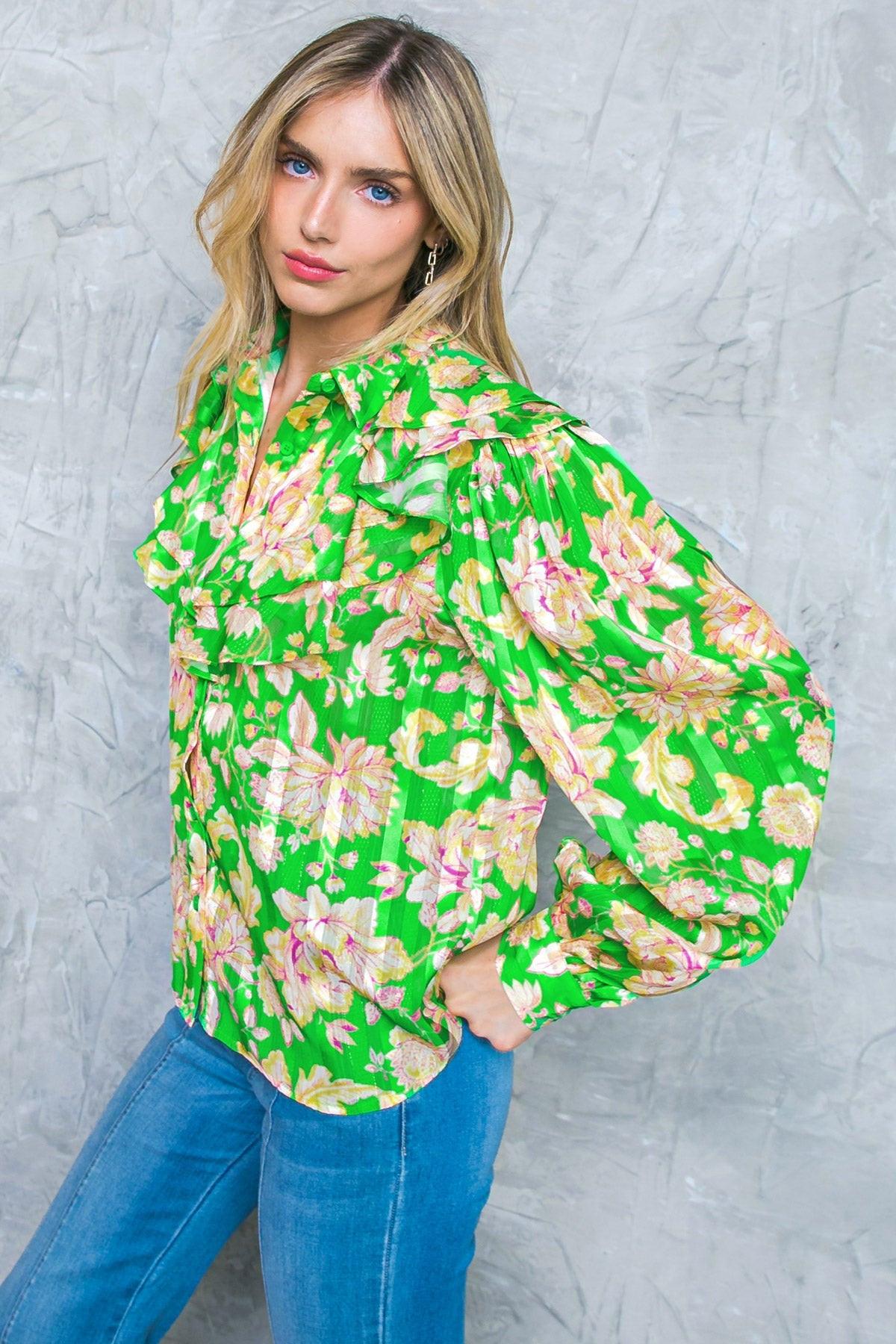 Stuck on an Island Printed Woven Top with Ruffles and Shirt Collar in 20gre9 — Soul Flow Apparel
