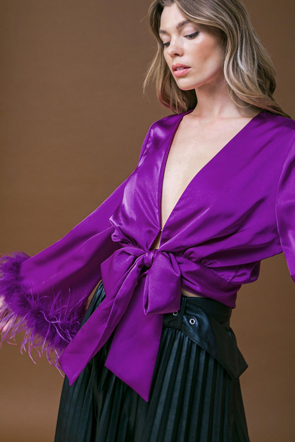 Keep Your Promises Woven Top with V Neck Self Tie Waist Bell Sleeves in 20pur34 — Soul Flow Apparel