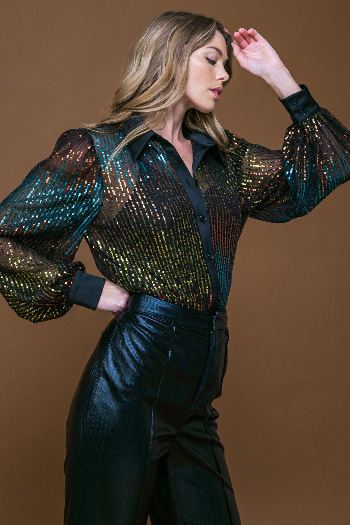 Cause a Commotion Sequin Blouse with Shirt Collar and Button Front in 20mag 20gol51 — Soul Flow Apparel
