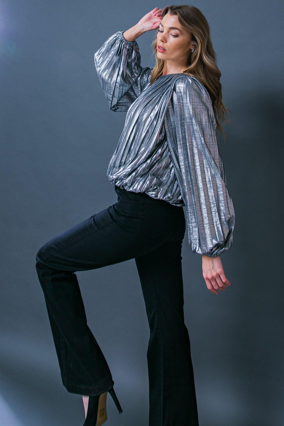 Key It Down Fully Pleated Woven Foiled Top with Round Neckline and Elastic Waist in 20sil36 — Soul Flow Apparel