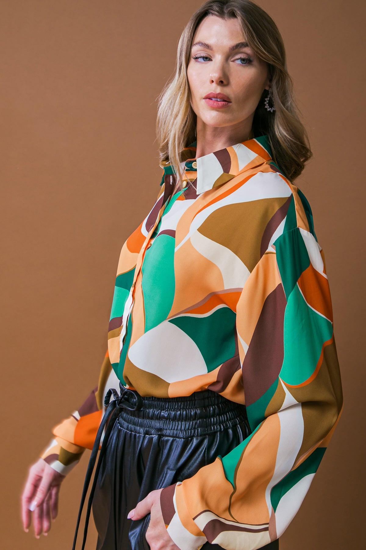 Lovingly Yours Woven Top with Shirt Collar Button Down Long Sleeve Polyester in 20rus 20gre32 — Soul Flow Apparel