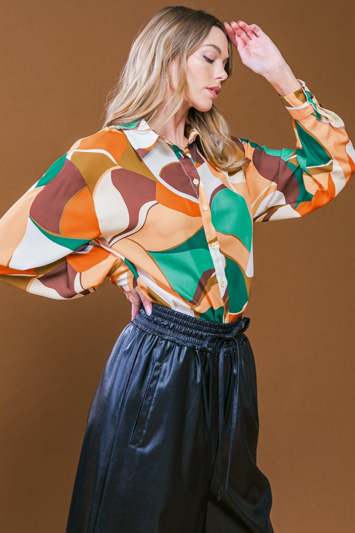 Lovingly Yours Woven Top with Shirt Collar Button Down Long Sleeve Polyester in 20rus 20gre38 — Soul Flow Apparel