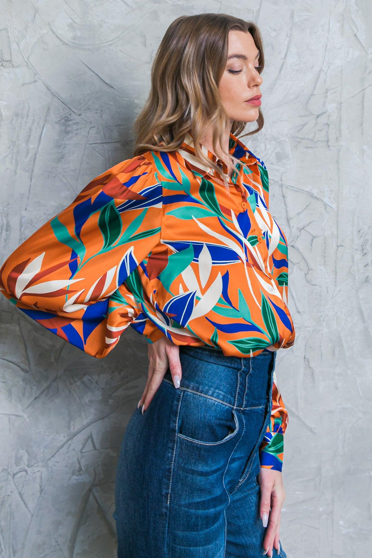 Feels Like Fall Woven Top Printed Button Down Collar Long Sleeves in 20rus42 — Soul Flow Apparel