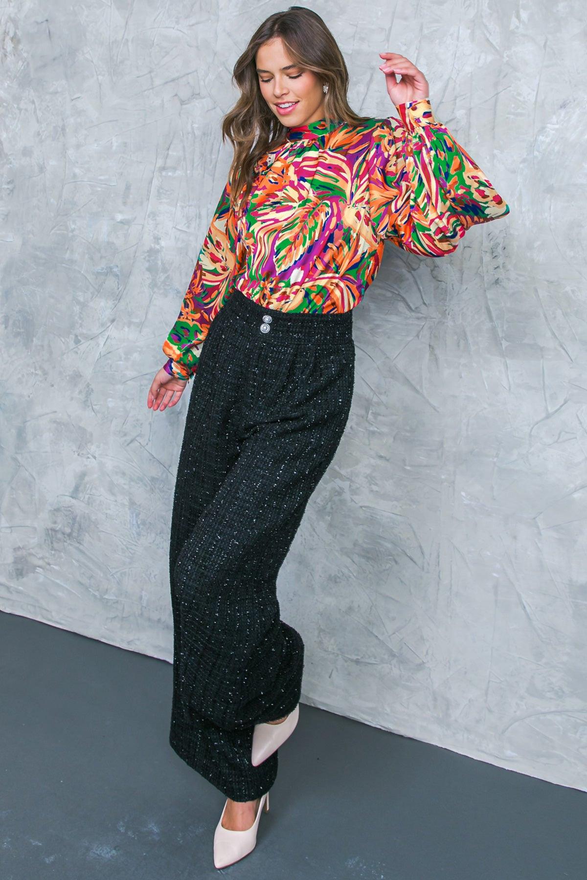 Adoring Devotion Woven Top with High Neck Long Sleeves and Tie Back Print in 20gre 20fuc31 — Soul Flow Apparel