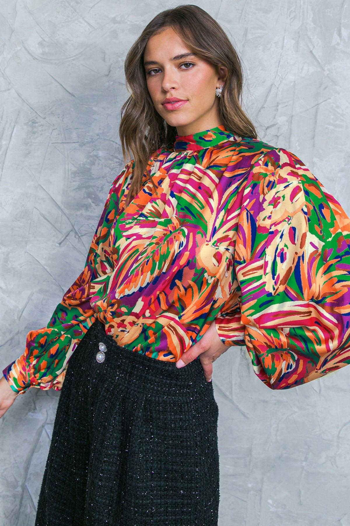 Adoring Devotion Woven Top with High Neck Long Sleeves and Tie Back Print in 20gre 20fuc43 — Soul Flow Apparel