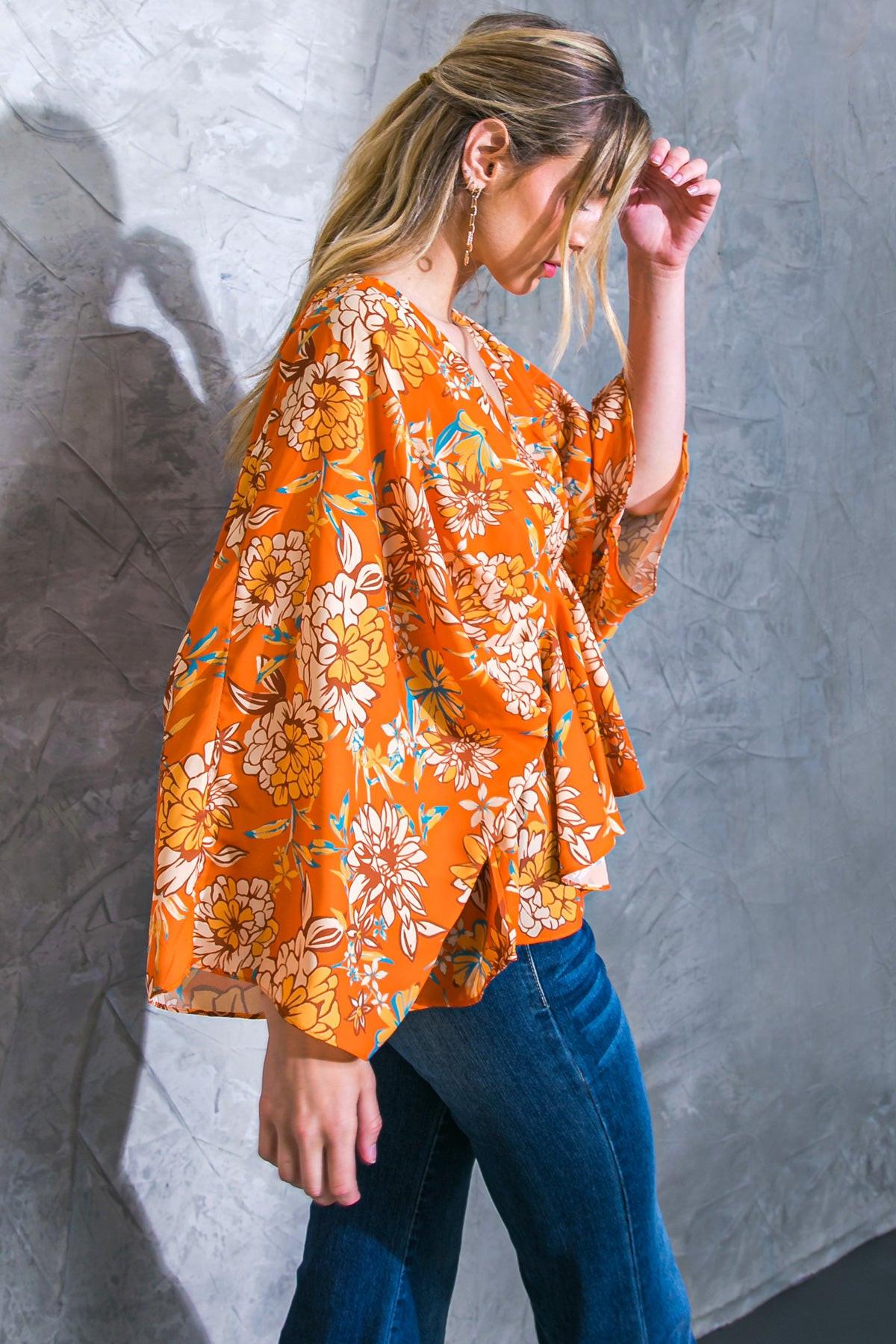 Find You Well Woven Top with V Neck Kimono Sleeves Peplum Silhouette in 20rus15 — Soul Flow Apparel