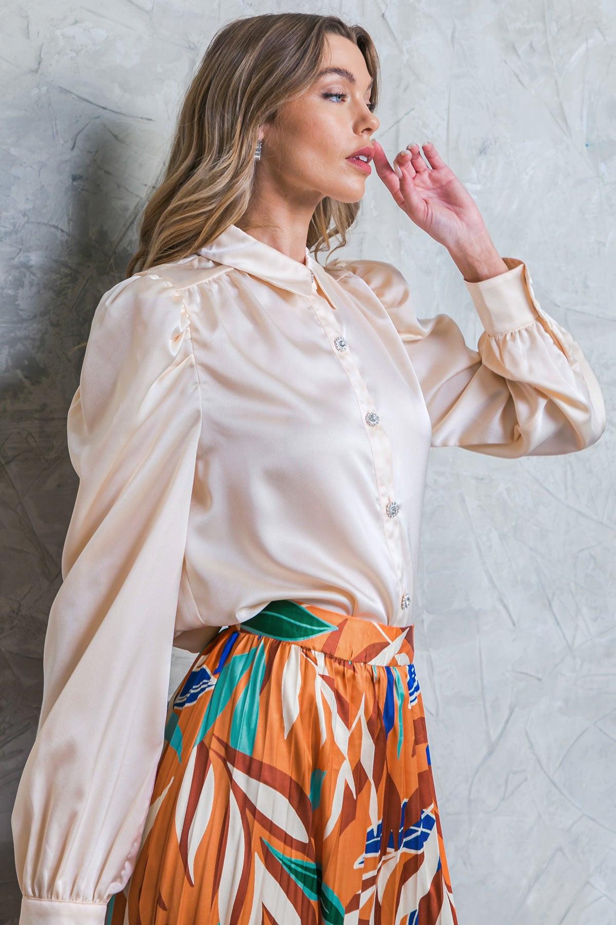All Mine Rusty Woven Top with Shirt Collar and Rhinestone Button Closure in 20ivo38 — Soul Flow Apparel