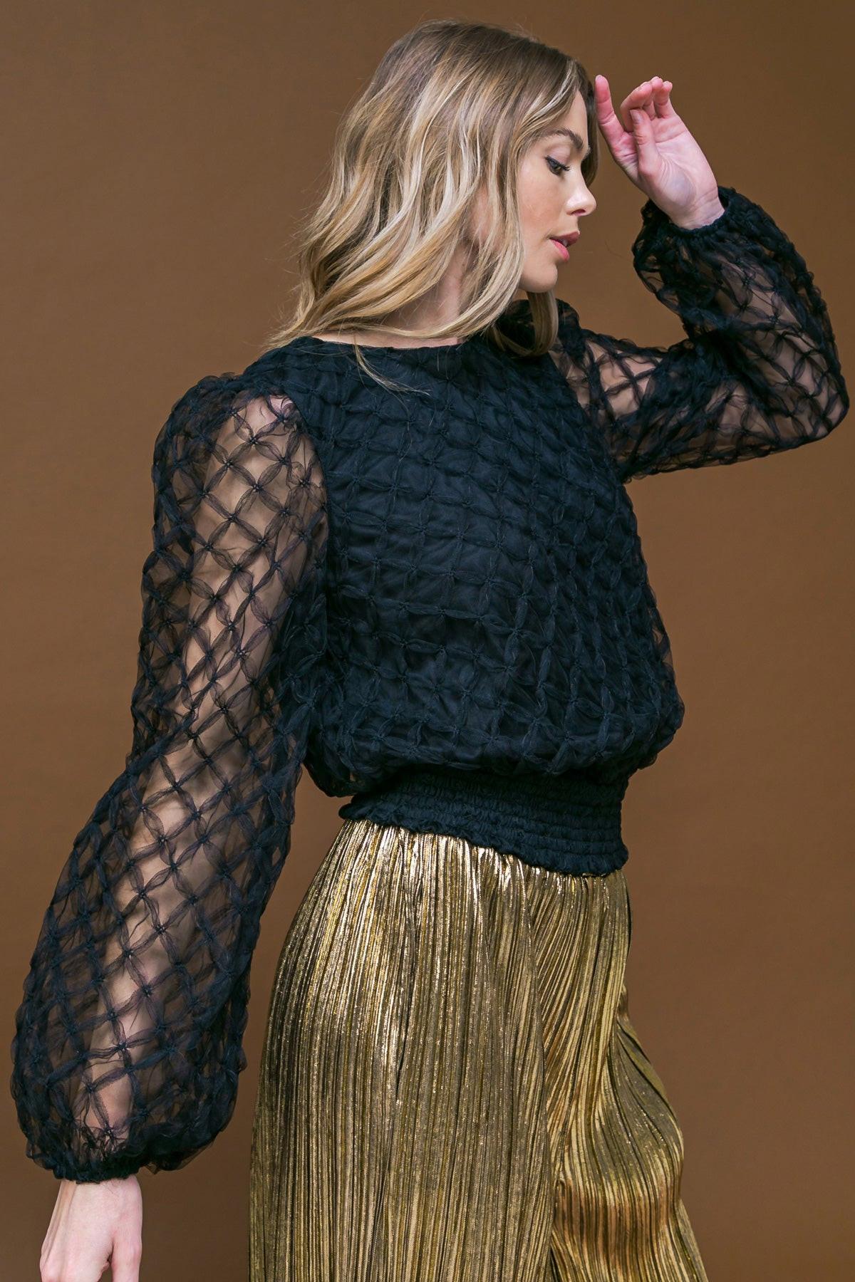 Sweetly Captivating Woven Top with Round Neck Long Sleeve Smocked Waistband in 20bla40 — Soul Flow Apparel