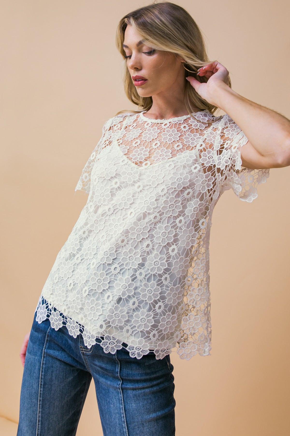 Melt My Heart Lace Top Round Neck Short Sleeves Back Neck Button Closure in 20cre4 — Soul Flow Apparel