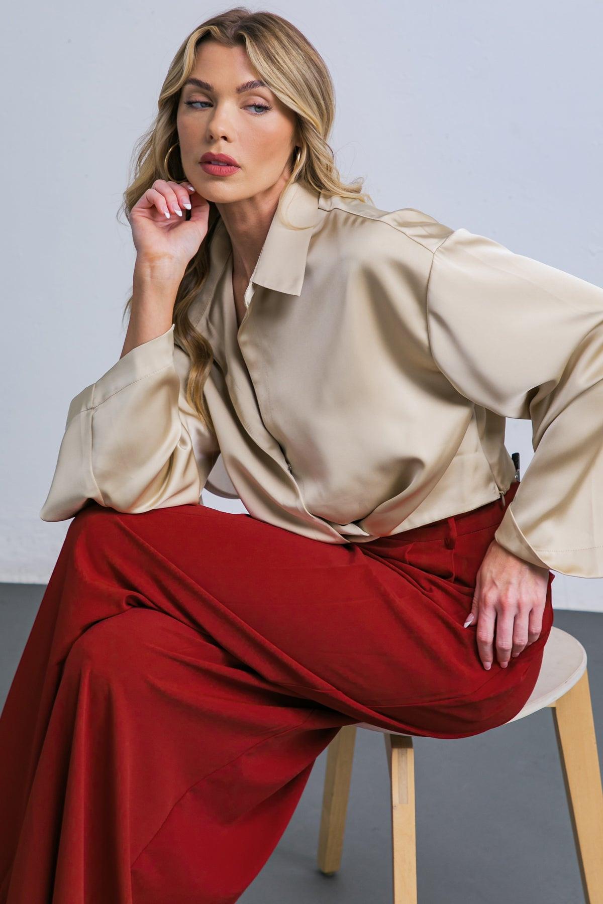 Powerful Charm Satin Top With Front Twist And Long Sleeve V Neck