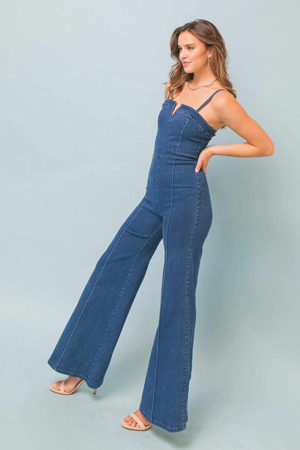 Making Magic Denim Jumpsuit with Flare Legs and V Neck Back Zipper in 20med 20ind, view 2024 — Soul Flow Apparel