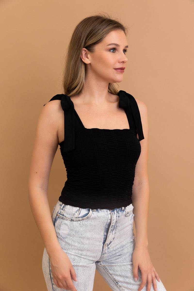 Seamless Vertical Smocked Tie Shoulder Top 😍 Leto Collection