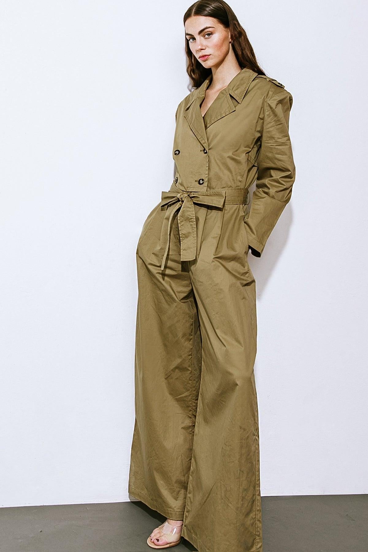 Sounds in My Mind Woven Jumpsuit with Trench Coat Top Long Sleeve Wide Leg — Soul Flow Apparel