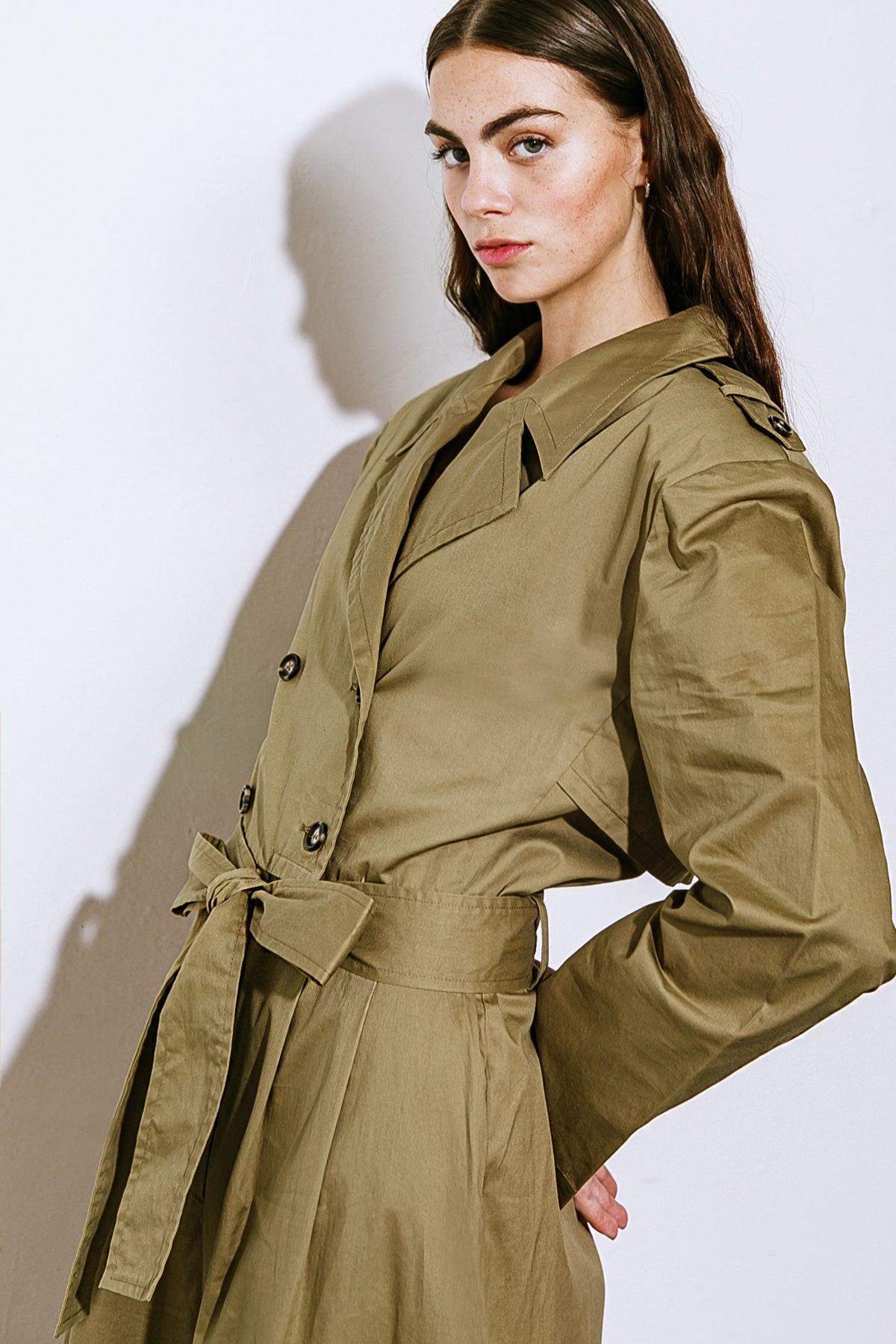 Sounds in My Mind Woven Jumpsuit with Trench Coat Top Long Sleeve Wide Leg — Soul Flow Apparel