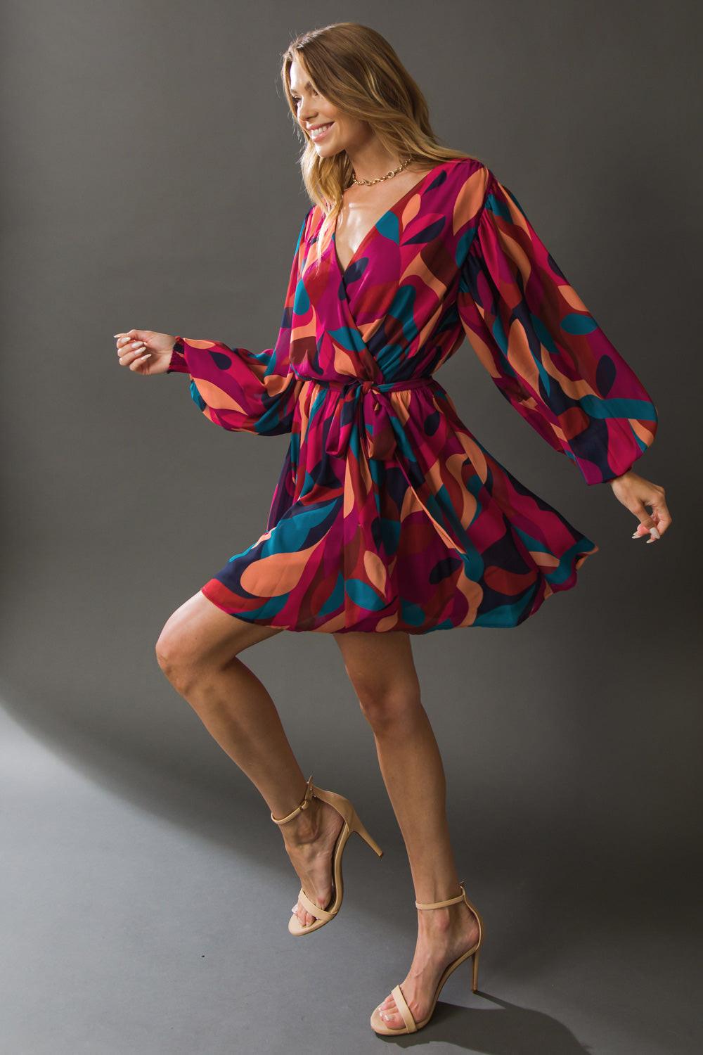 Boston Getaway Woven Mini Dress Surplice Neckline Elasticized Waist Self Tie — Soul Flow Apparel