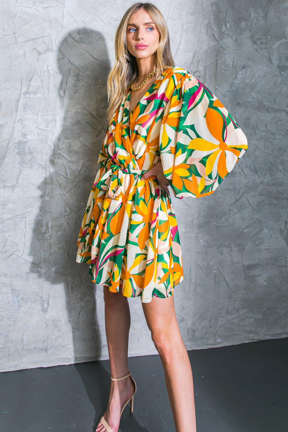 Daring Heart Printed Woven Mini Dress with Surplice Neckline and Ruffled Hem — Soul Flow Apparel