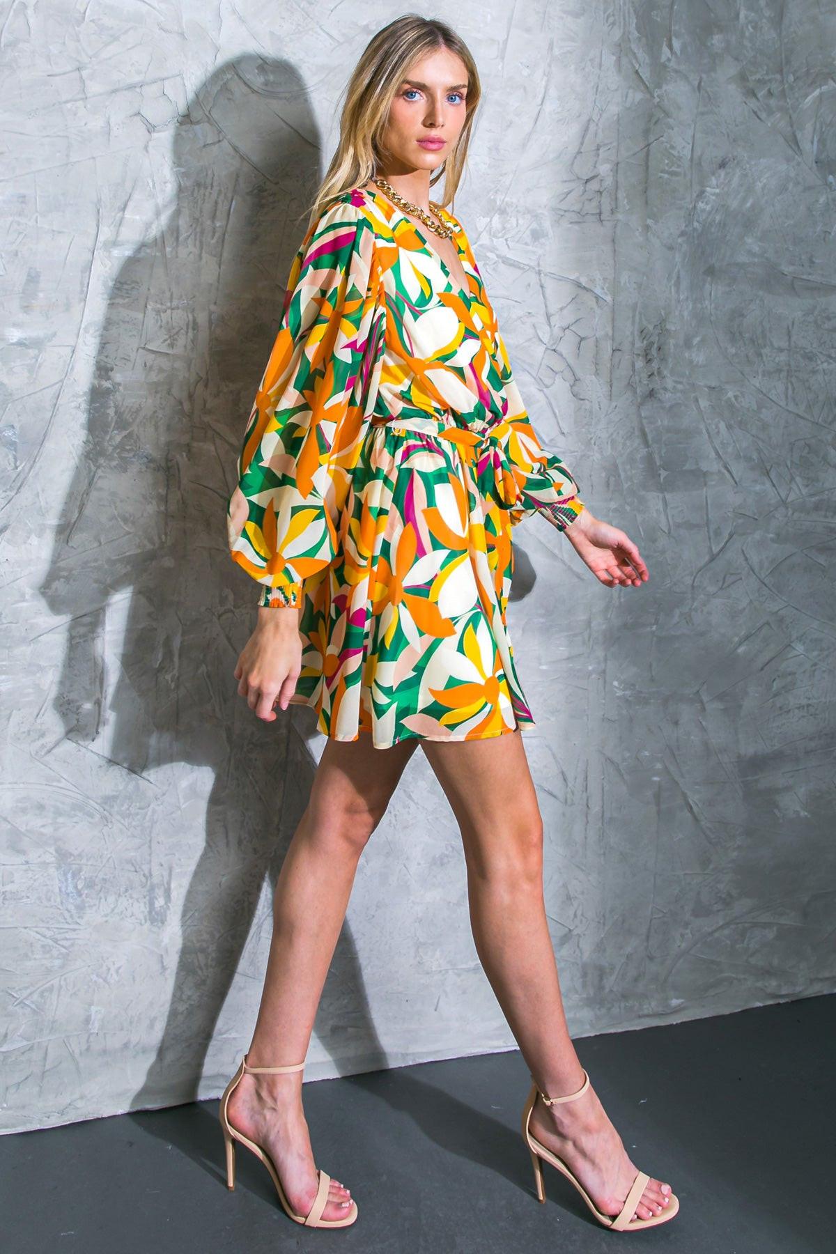 Daring Heart Printed Woven Mini Dress with Surplice Neckline and Ruffled Hem — Soul Flow Apparel