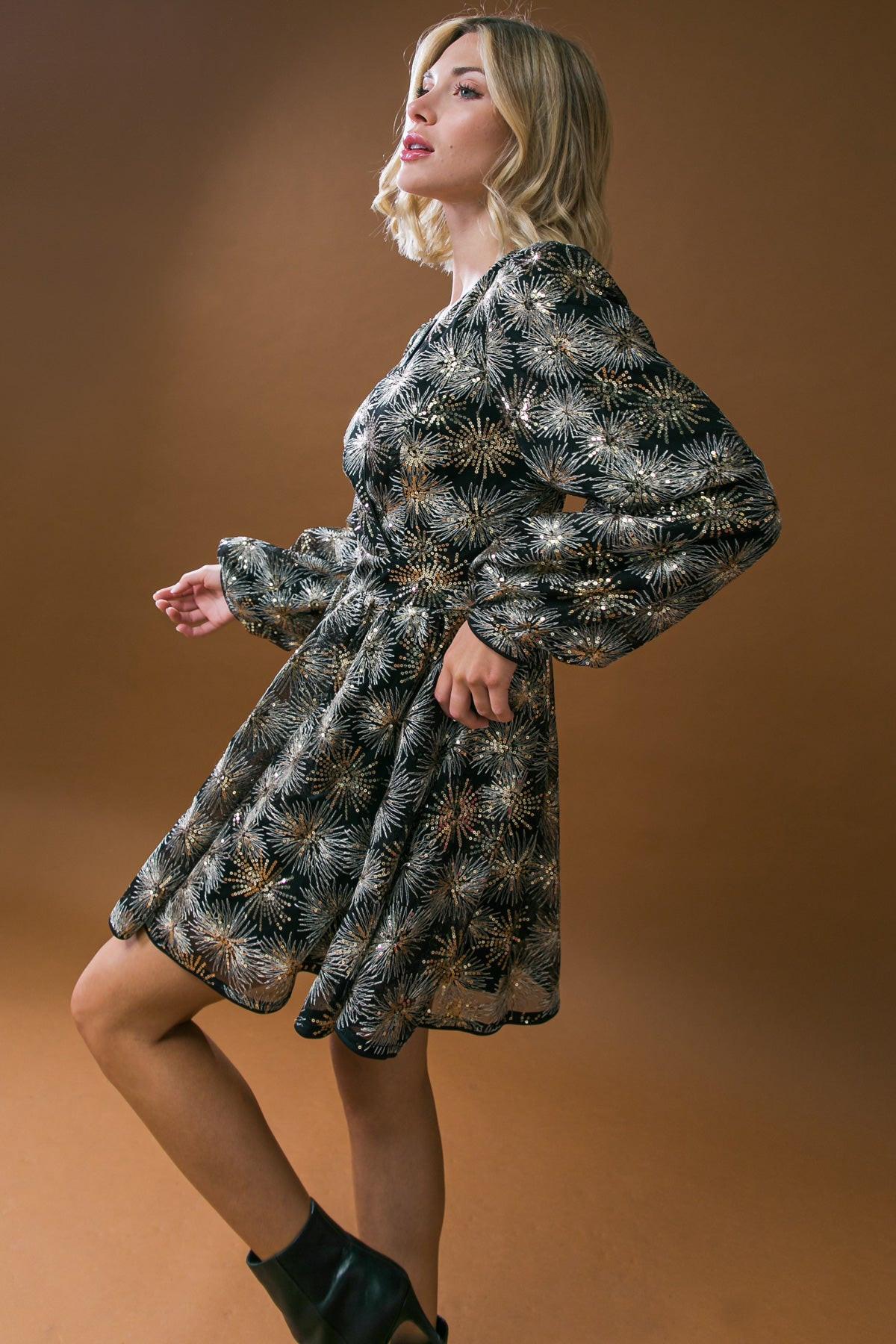 Sequined Mini Dress with Surplice Neckline and Puff Sleeves — Soul Flow Apparel