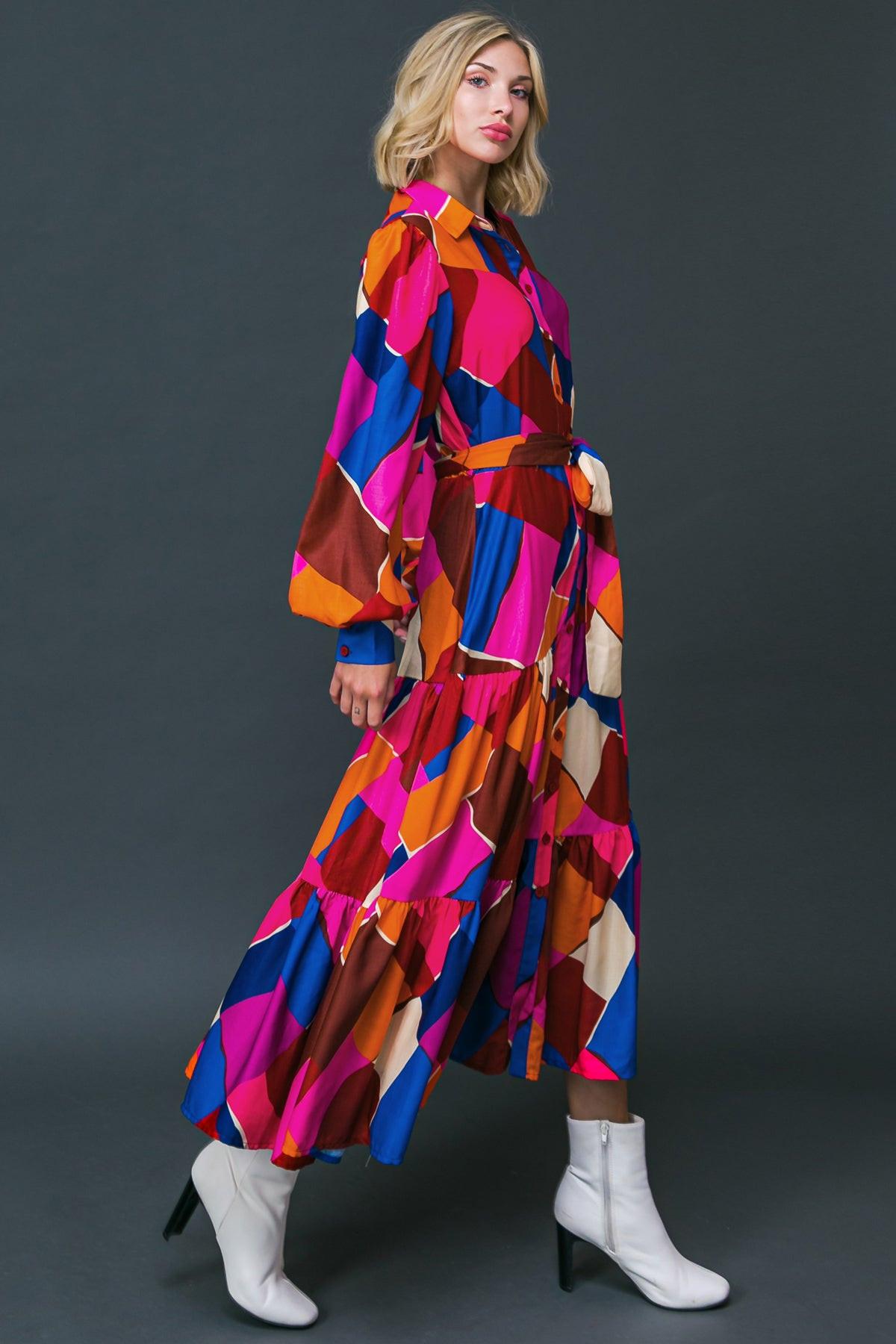 Wise Woman Printed Woven Midi Dress with Shirt Collar and Tiered Skirt — Soul Flow Apparel