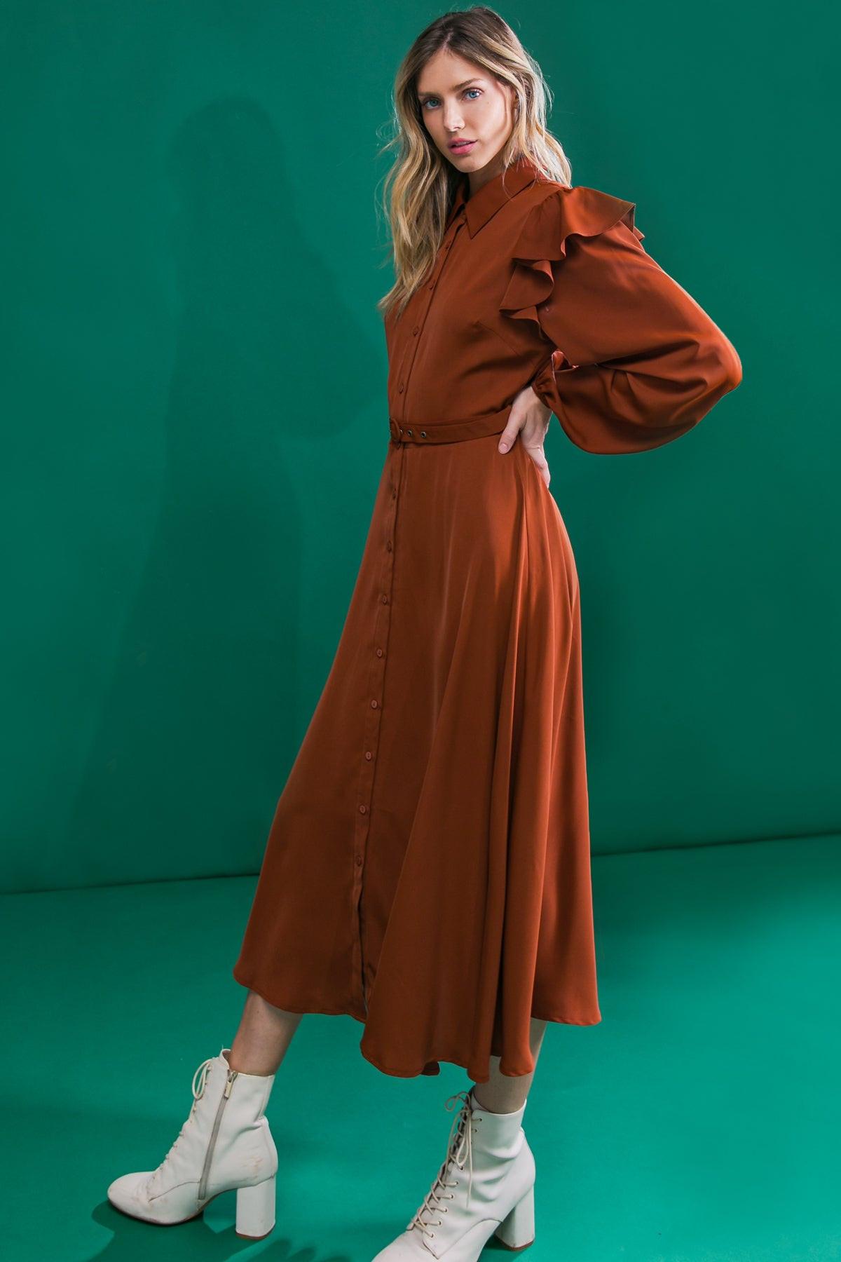Brown Woven Midi Dress with Shirt Collar Self Belt and Ruffled Shoulders — Soul Flow Apparel