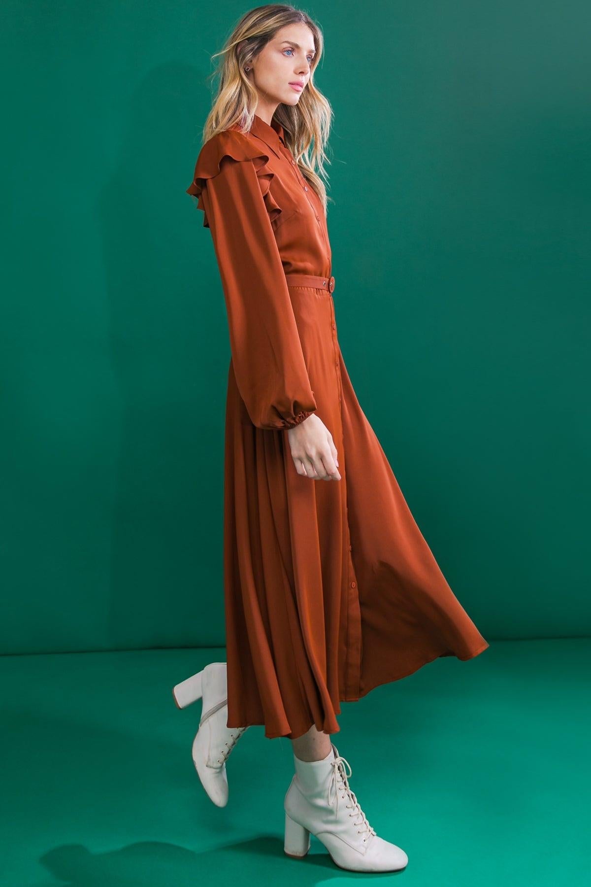 Brown Woven Midi Dress with Shirt Collar Self Belt and Ruffled Shoulders — Soul Flow Apparel