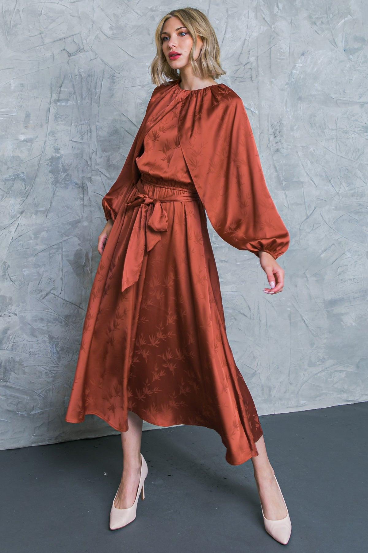 Progress Over Perfection Satin Midi Dress with Jacquard Satin Round Neckline — Soul Flow Apparel