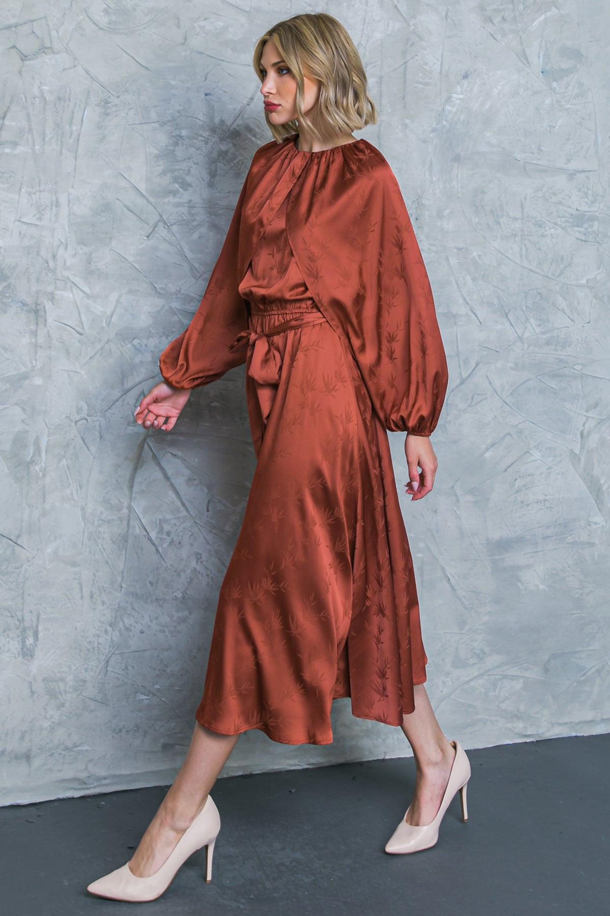 Progress Over Perfection Satin Midi Dress with Jacquard Satin Round Neckline — Soul Flow Apparel