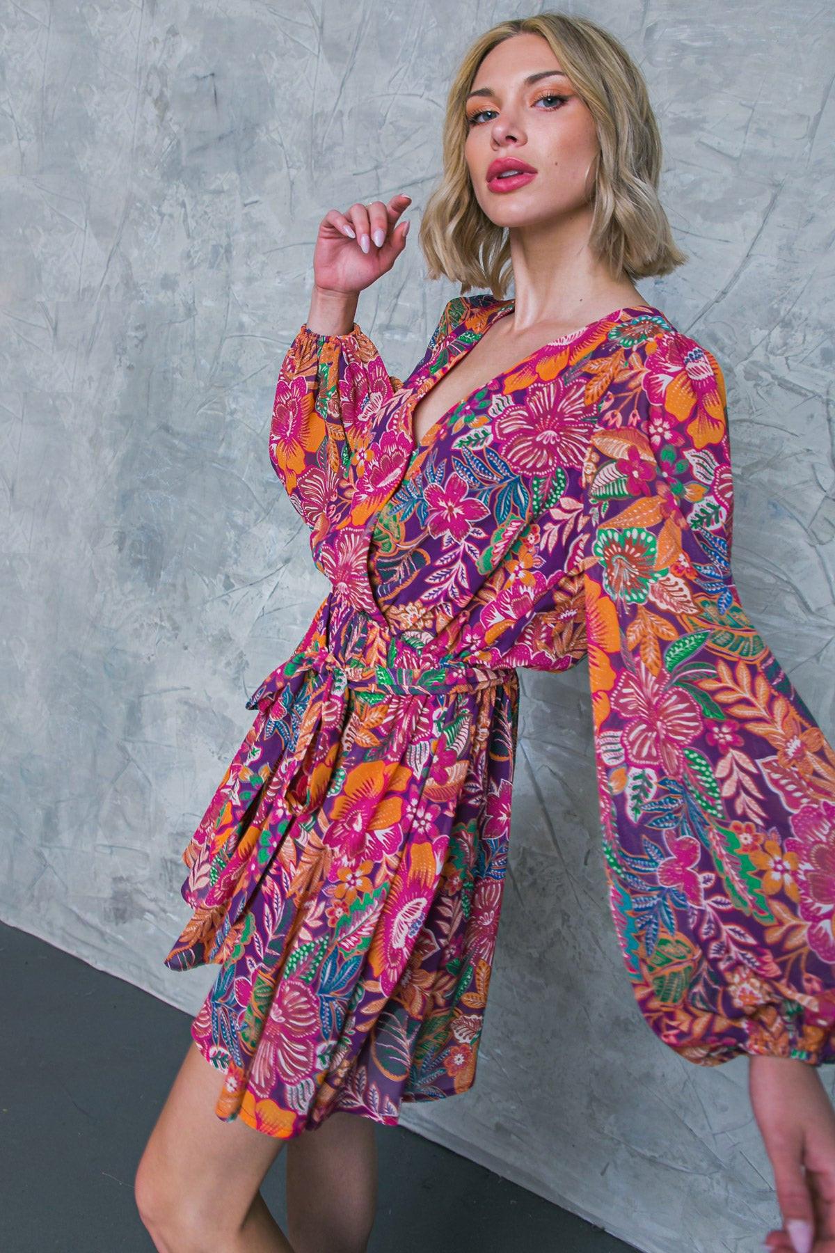 Picking Daisies Plum Printed Woven Mini Dress Featuring Surplice Neckline — Soul Flow Apparel