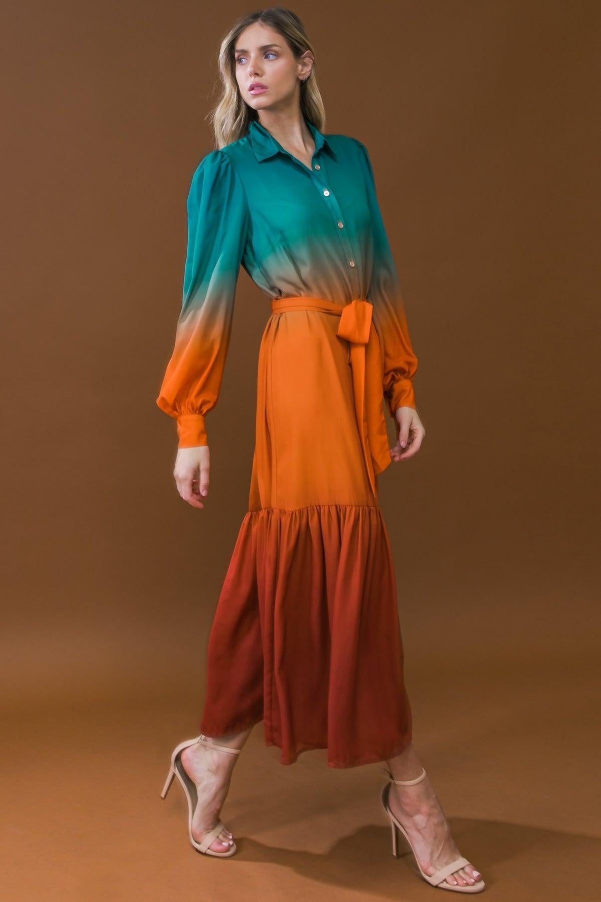 Show Stopper Woven Midi Dress With Shirt Collar Button Down Long Sleeves