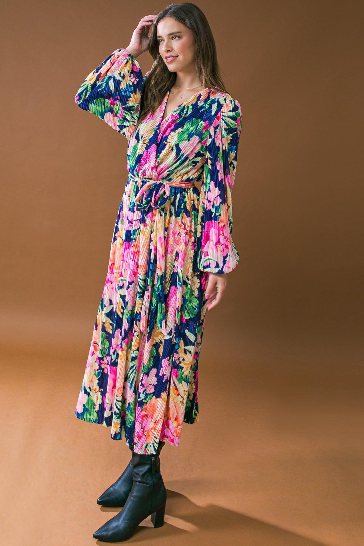 Breathtaking Moment Printed Plisse Midi Dress Surplice Neckline Long Sleeve — Soul Flow Apparel