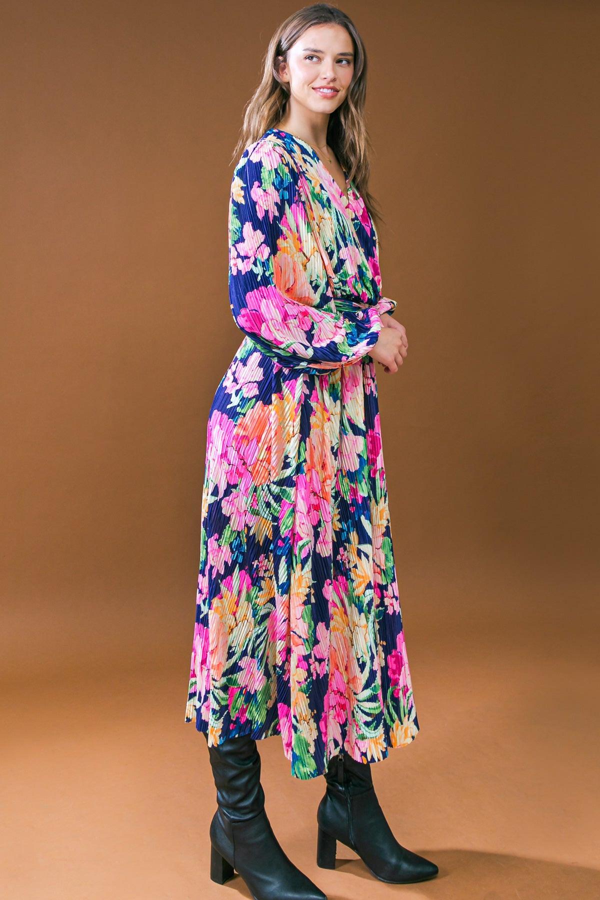 Breathtaking Moment Printed Plisse Midi Dress Surplice Neckline Long Sleeve — Soul Flow Apparel