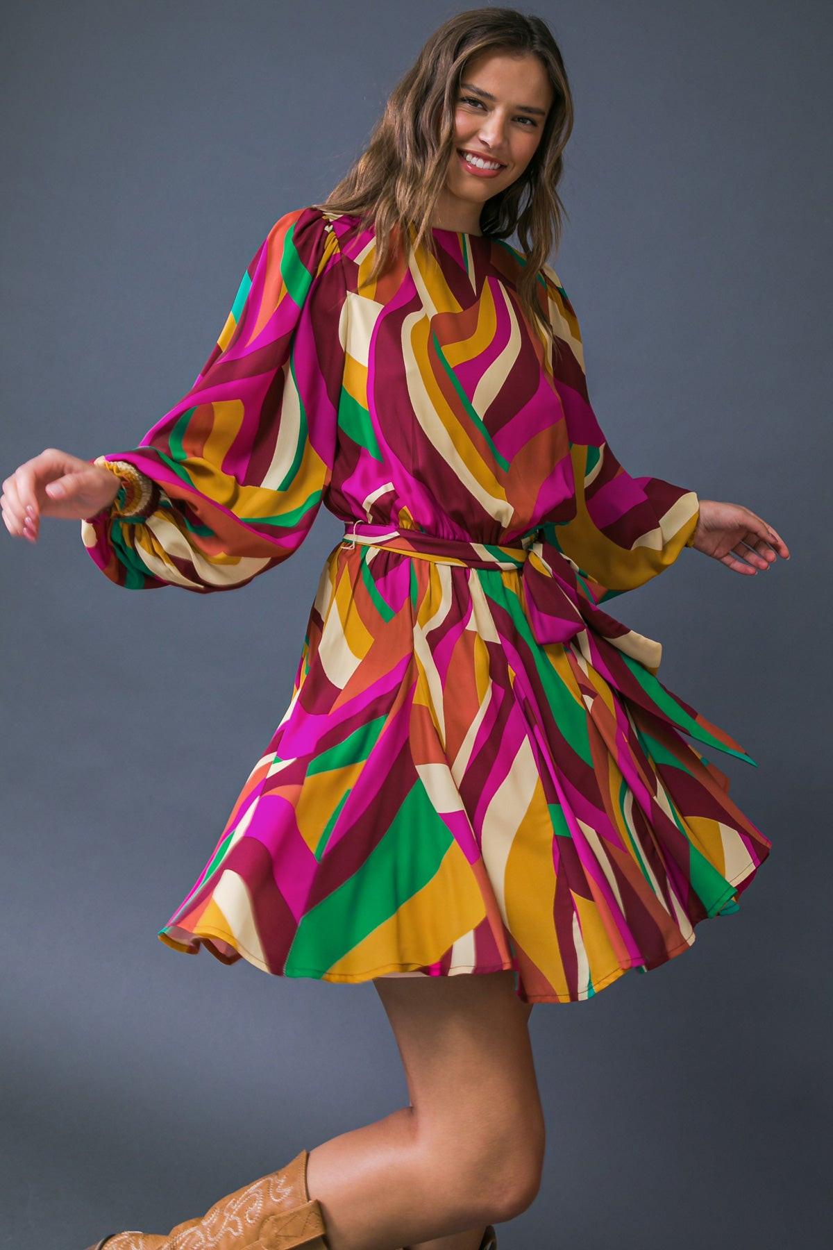 Keep on Moving Printed Woven Mini Dress with Elasticized Waist Self Sash Tie — Soul Flow Apparel
