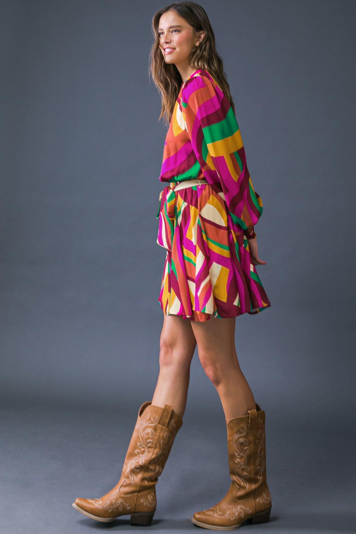 Keep on Moving Printed Woven Mini Dress with Elasticized Waist Self Sash Tie — Soul Flow Apparel